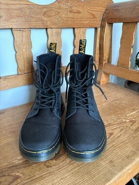 Dr. Martens Black Canvas 8-Eye Lace-Up Boots with Yellow Stitching